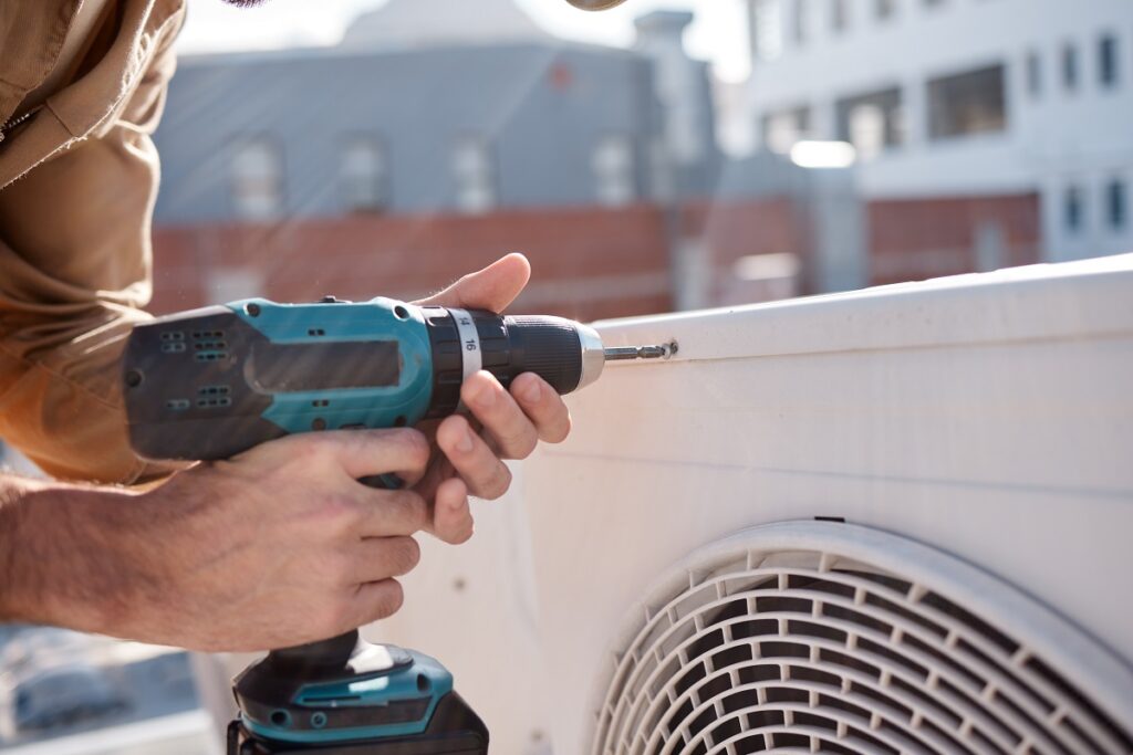hands drill and outdoor with man for air conditio 2023 11 27 05 06 47 utc