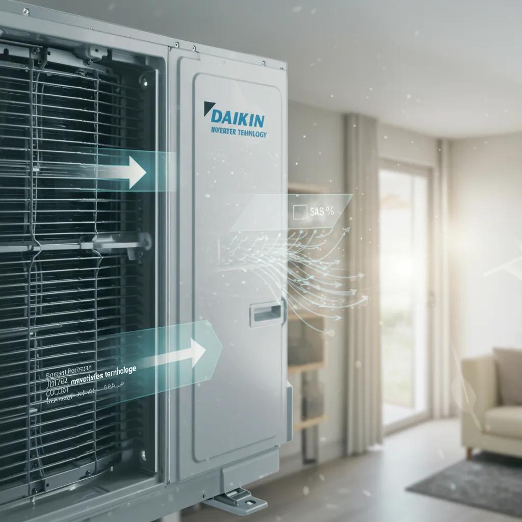 Close-up of Daikin inverter compressor showcasing energy efficiency features
