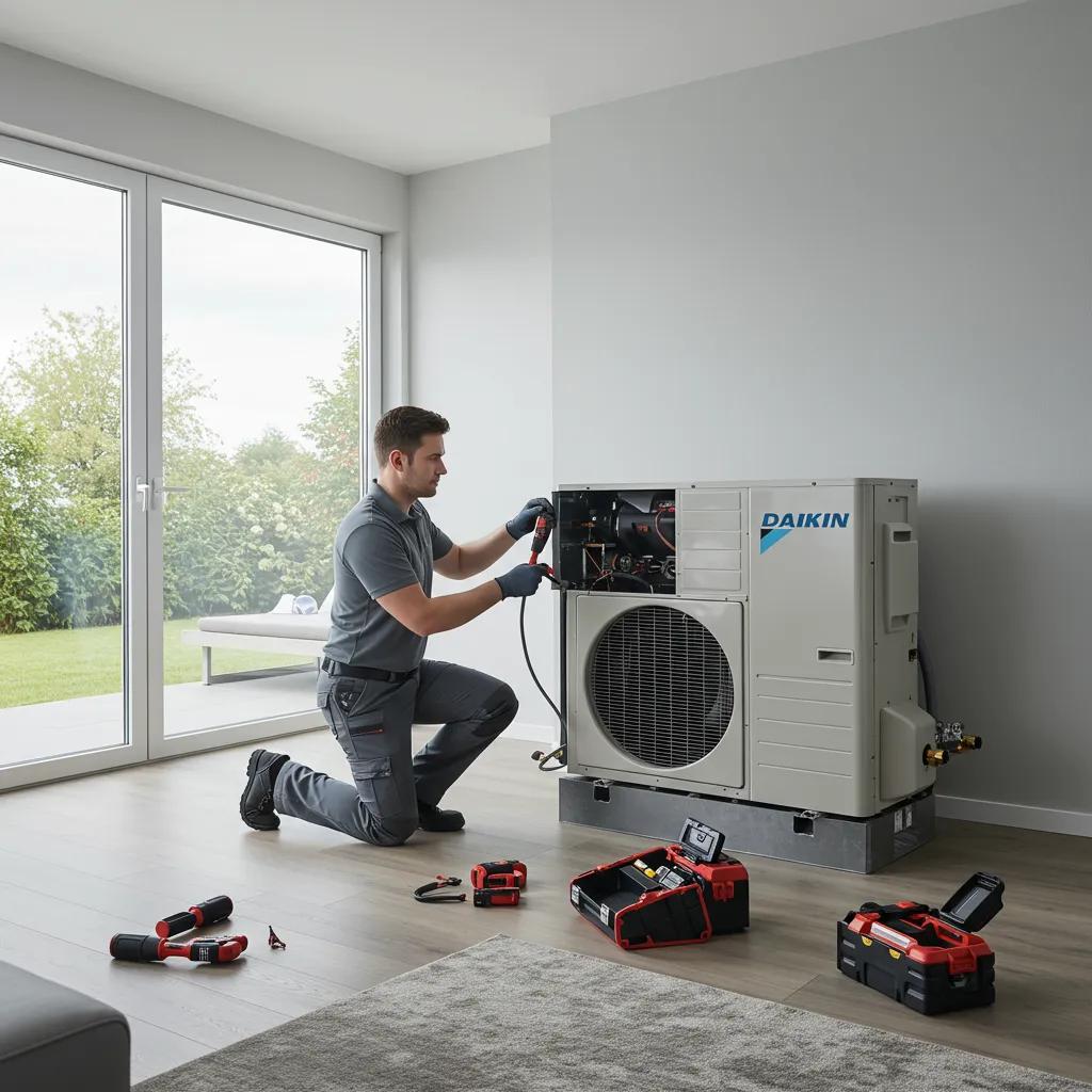 Professional technician installing a Daikin HVAC system in a modern home
