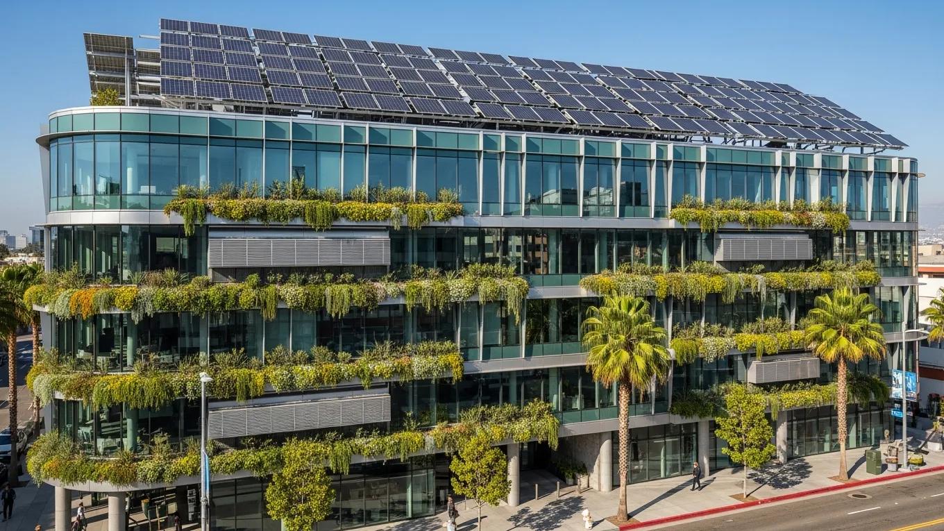 Modern green building in Los Angeles with solar panels and greenery