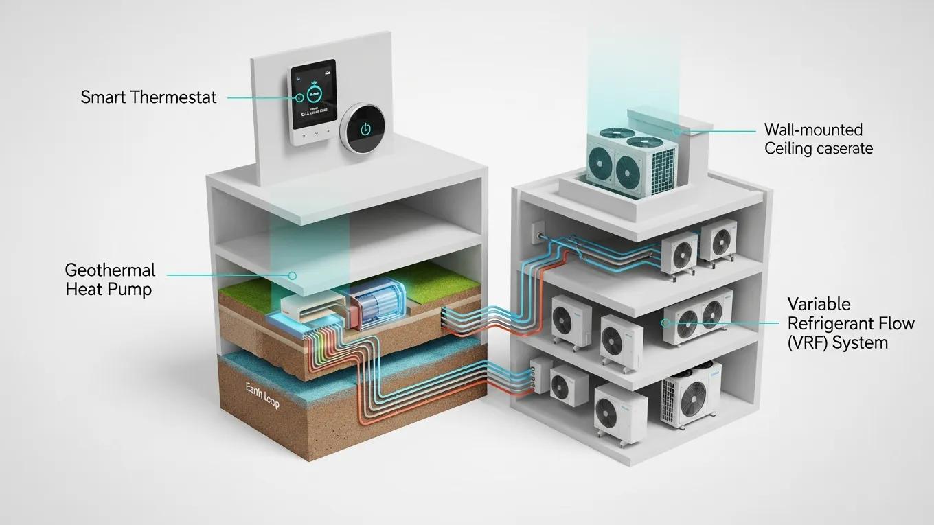 Showcase of sustainable HVAC technologies including smart thermostats and geothermal heat pumps