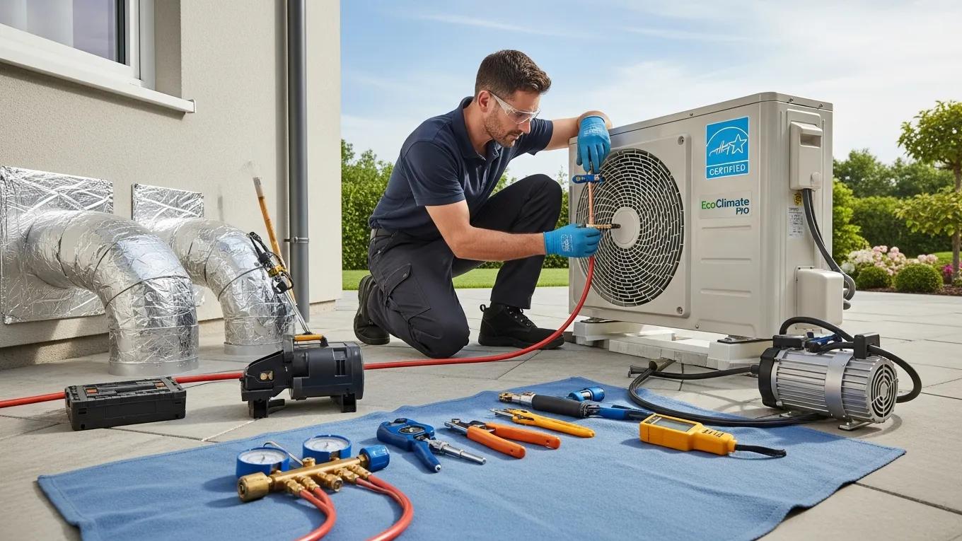 Technician installing energy-efficient HVAC system in a residential setting